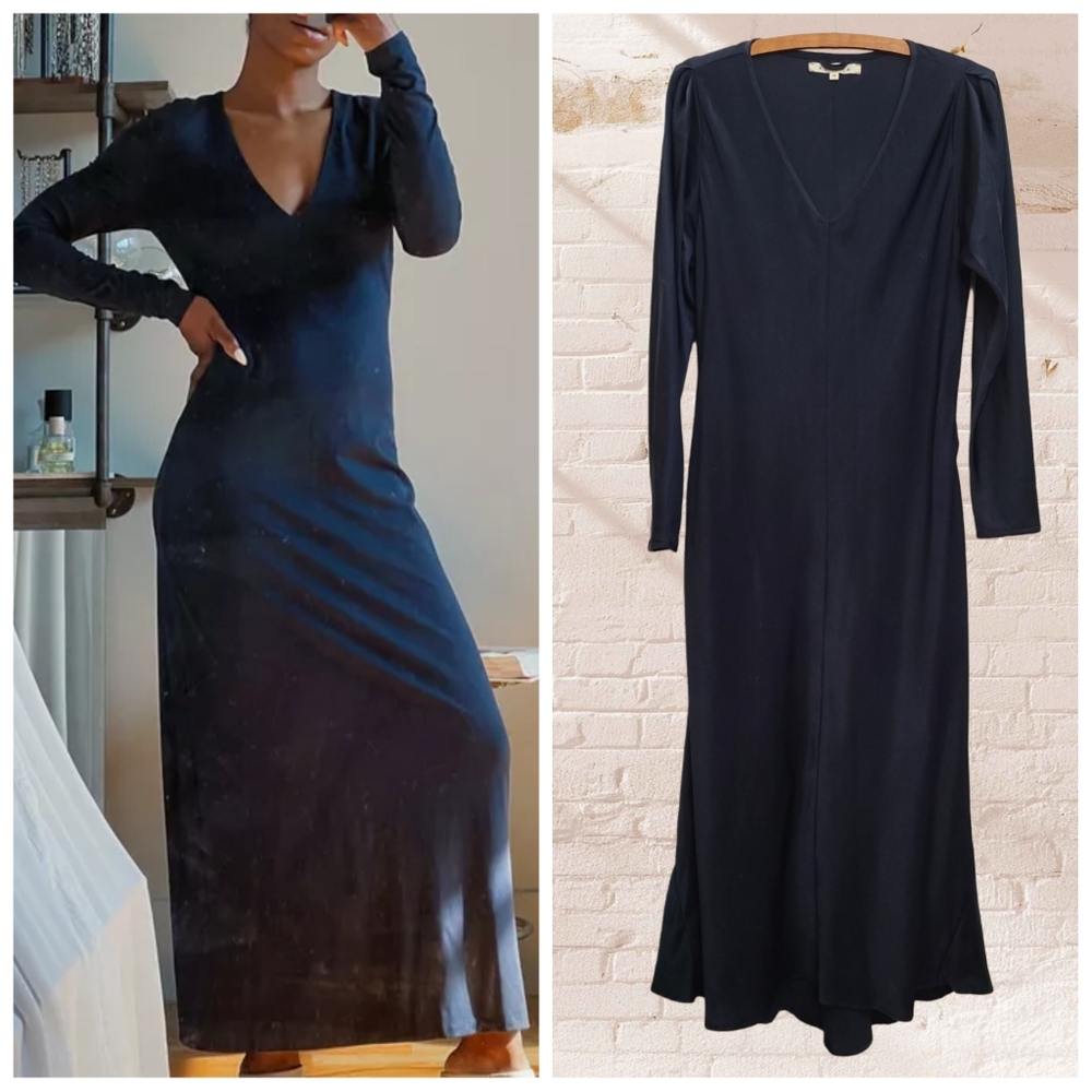 XiRENA V-Neck Satin Long Sleeve Dress In Navy Medium
